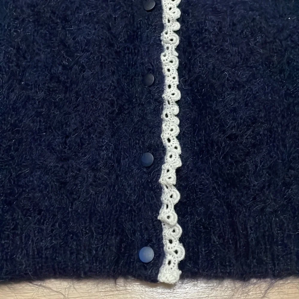 Sezane Navy and White Lace long Sleeve Sweater - Picture 5 of 8